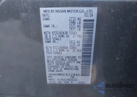 2016 Nissan Pathfinder Sl from USA, damaged, VIN 5N1AR2MM9GC622846